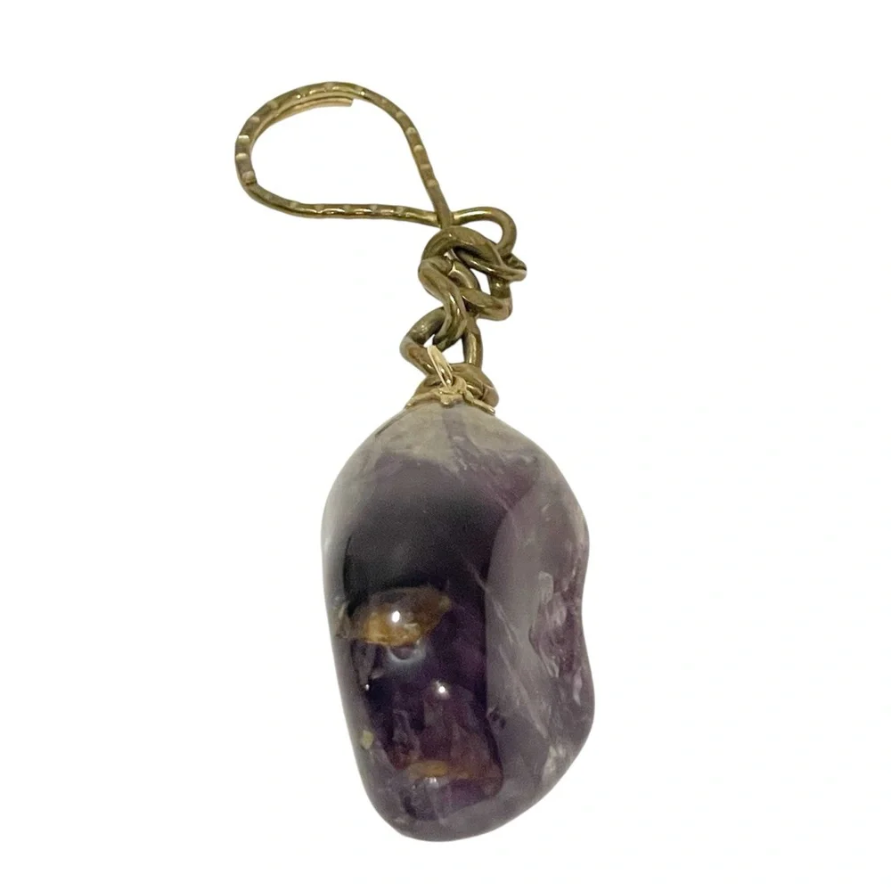 Vintage Amethyst Gemstone Keychain Charm Pendant‎ Gold Tone Purple